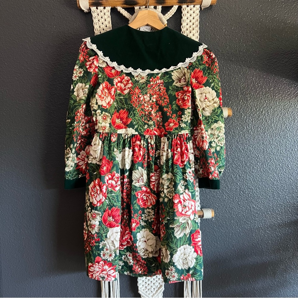 Vintage Bonnie Jean Girls Size 14 Dress Holiday With Velvet Peter Pan Collar - Picture 2 of 7